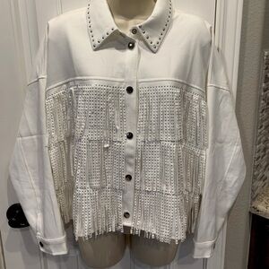 New White Fringe Studded Jacket